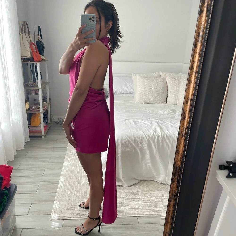 House of CB AIDA Hot Pink Asymmetric Wrap Neck Mini Dress | XS